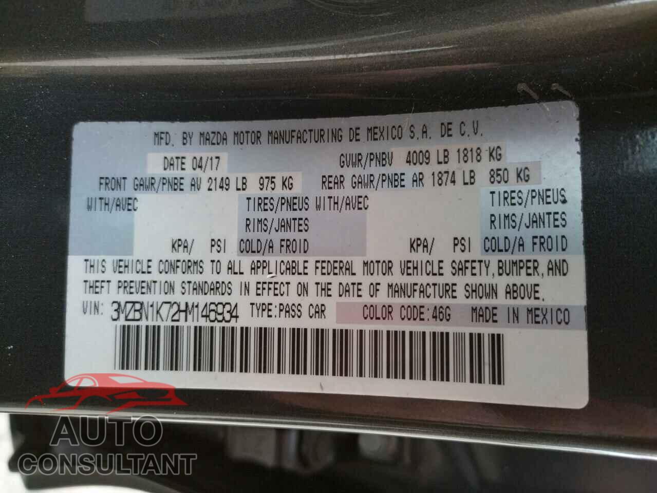 MAZDA 3 2017 - 3MZBN1K72HM146934