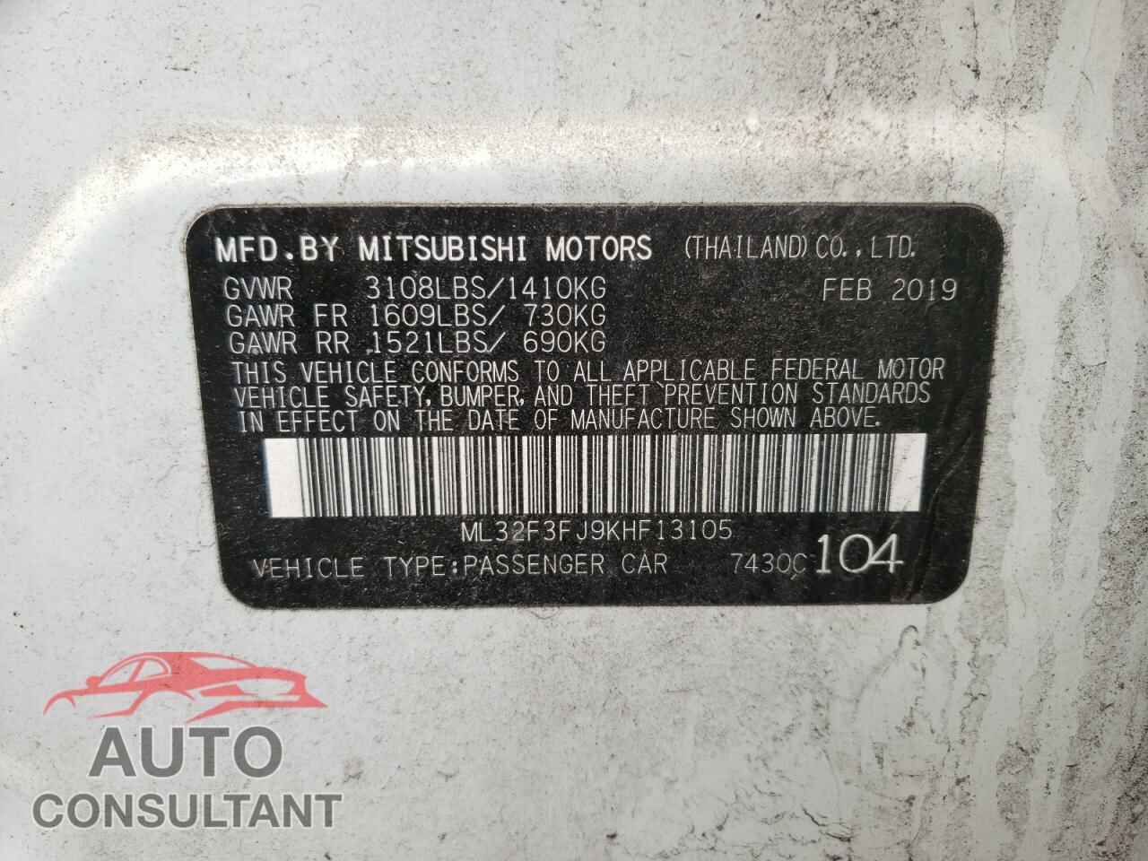 MITSUBISHI MIRAGE 2019 - ML32F3FJ9KHF13105
