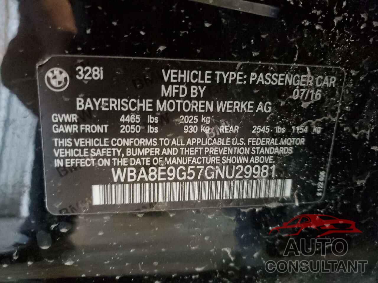 BMW 3 SERIES 2016 - WBA8E9G57GNU29981