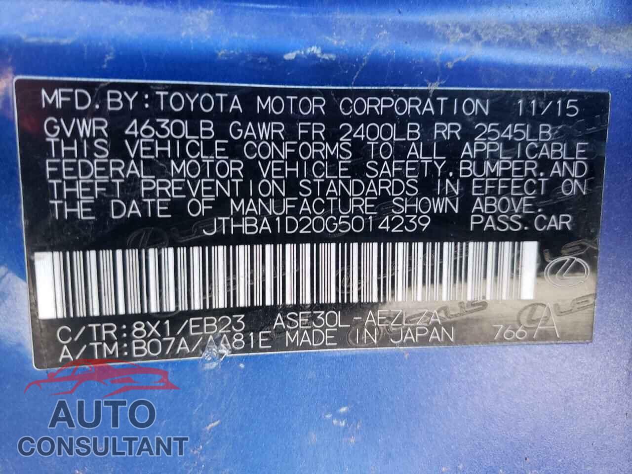 LEXUS IS 2016 - JTHBA1D20G5014239