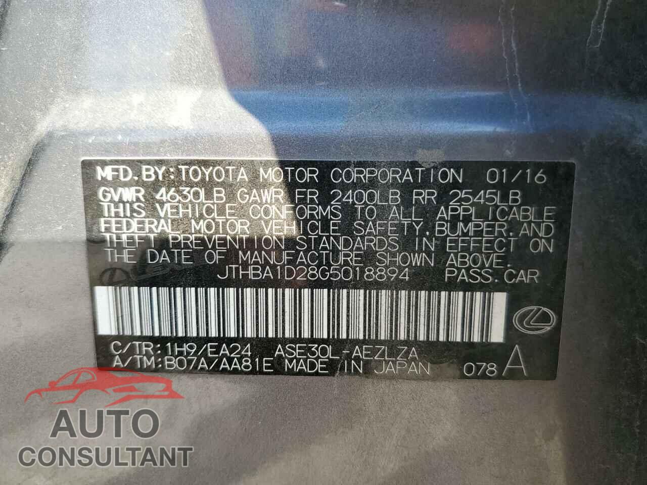 LEXUS IS 2016 - JTHBA1D28G5018894
