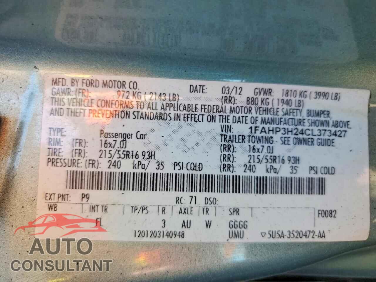 FORD FOCUS 2012 - 1FAHP3H24CL373427