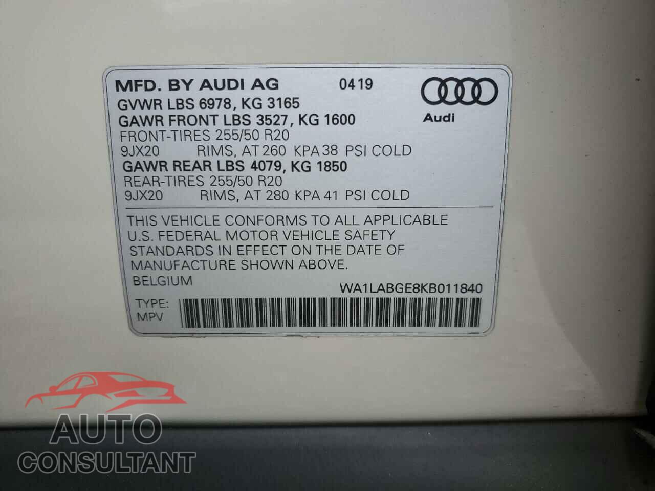 AUDI E-TRON 2019 - WA1LABGE8KB011840