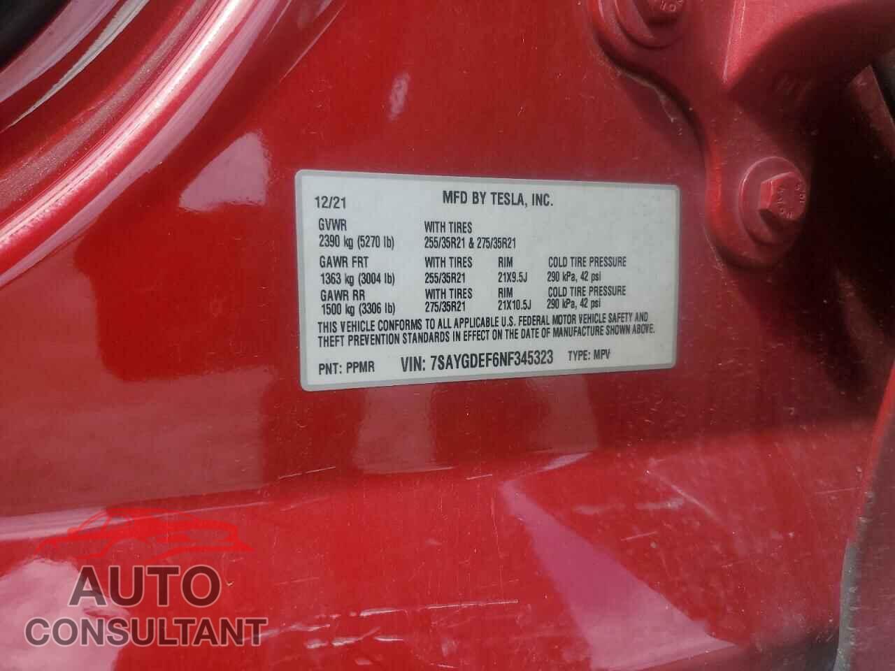 TESLA MODEL Y 2022 - 7SAYGDEF6NF345323