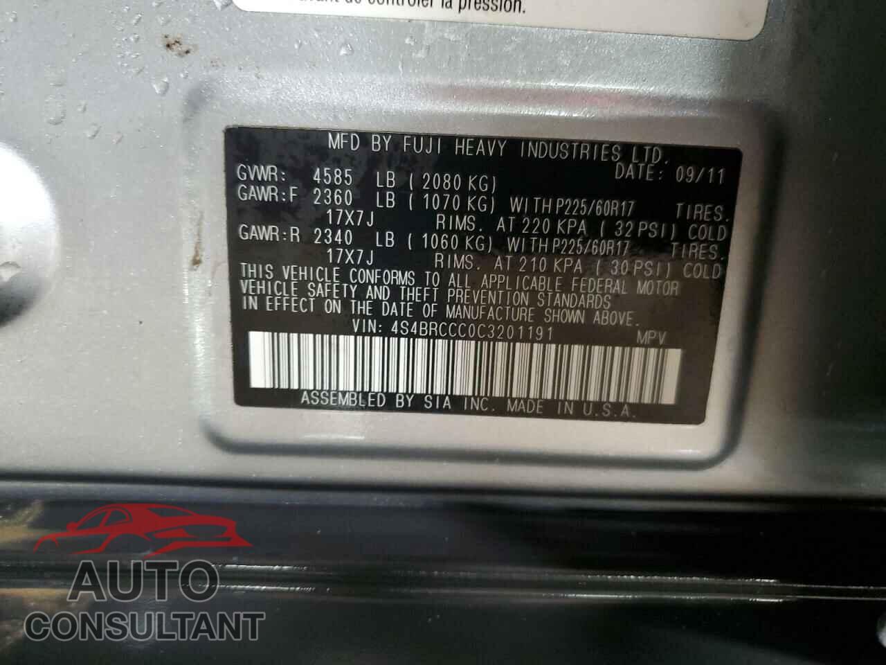 SUBARU OUTBACK 2012 - 4S4BRCCC0C3201191