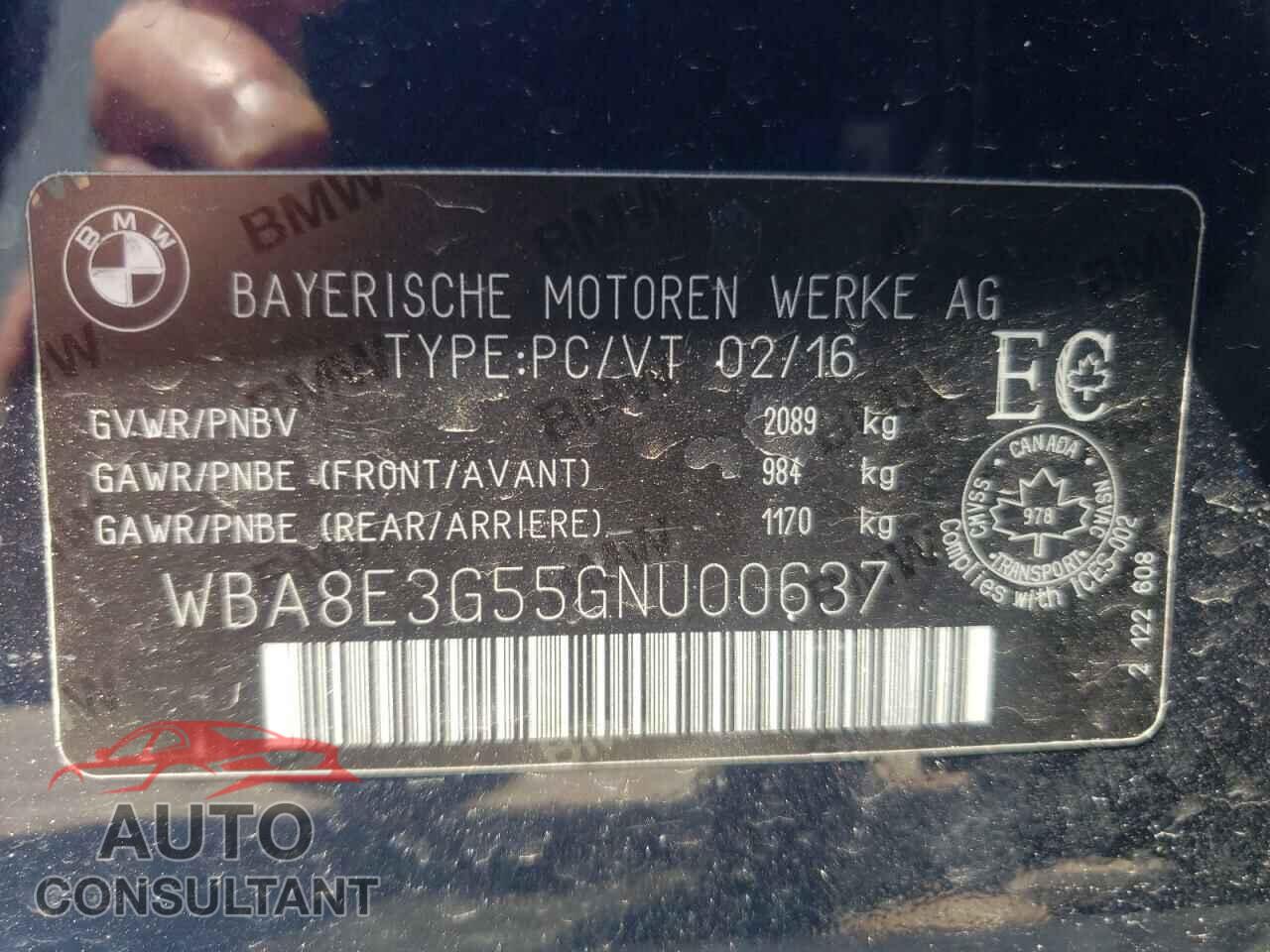 BMW 3 SERIES 2016 - WBA8E3G55GNU00637
