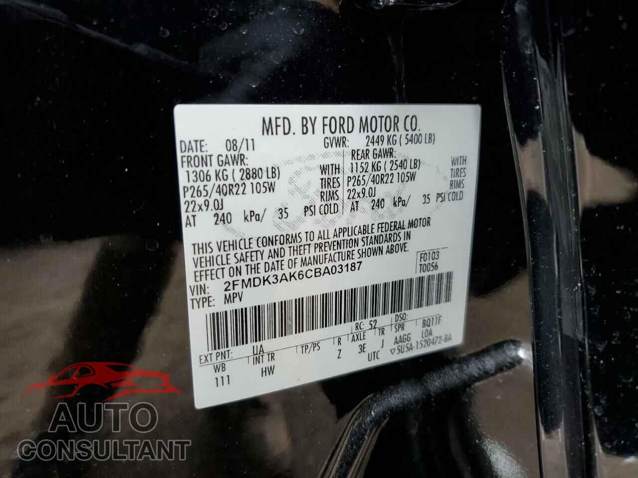 FORD EDGE 2012 - 2FMDK3AK6CBA03187