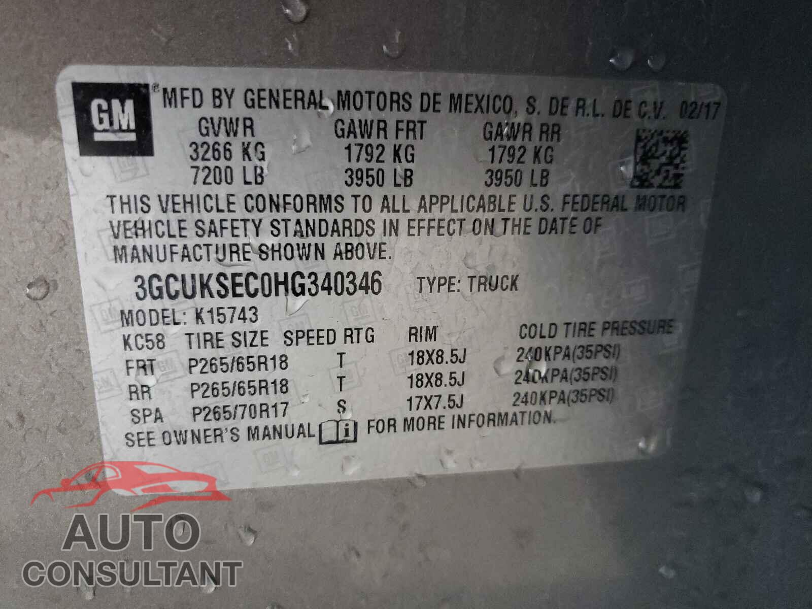 CHEVROLET SILVERADO 2017 - 3GCUKSEC0HG340346