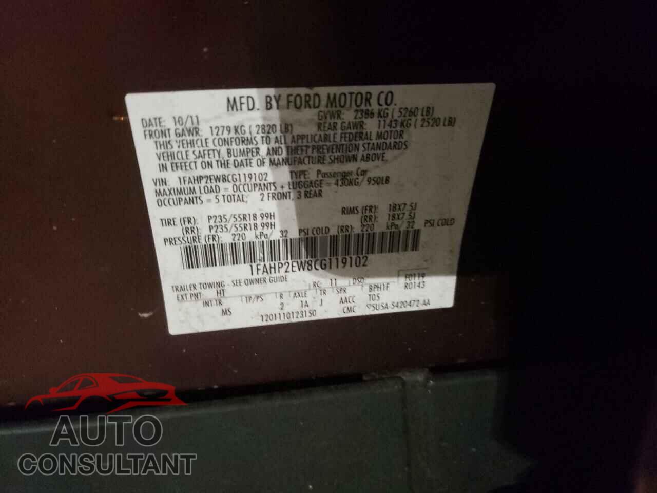 FORD TAURUS 2012 - 1FAHP2EW8CG119102