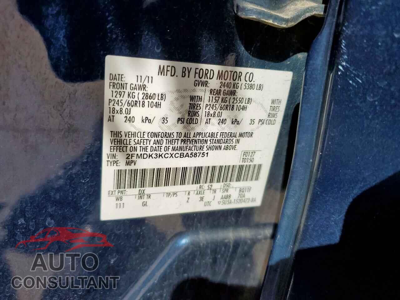 FORD EDGE 2012 - 2FMDK3KCXCBA58751