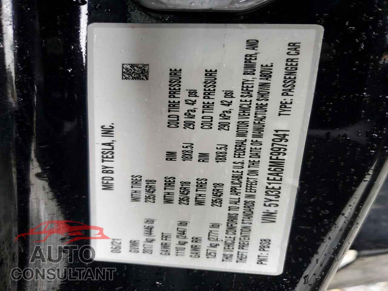 TESLA MODEL 3 2021 - 5YJ3E1EA6MF997941