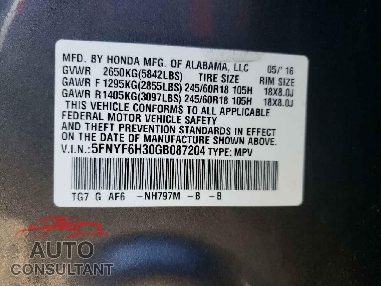 HONDA PILOT 2016 - 5FNYF6H30GB087204