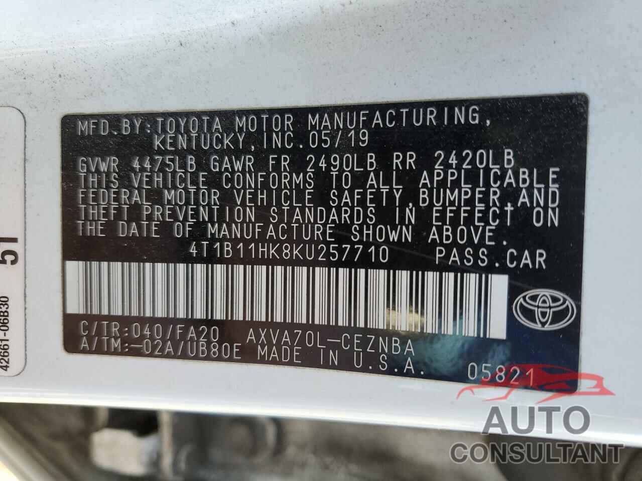 TOYOTA CAMRY 2019 - 4T1B11HK8KU257710