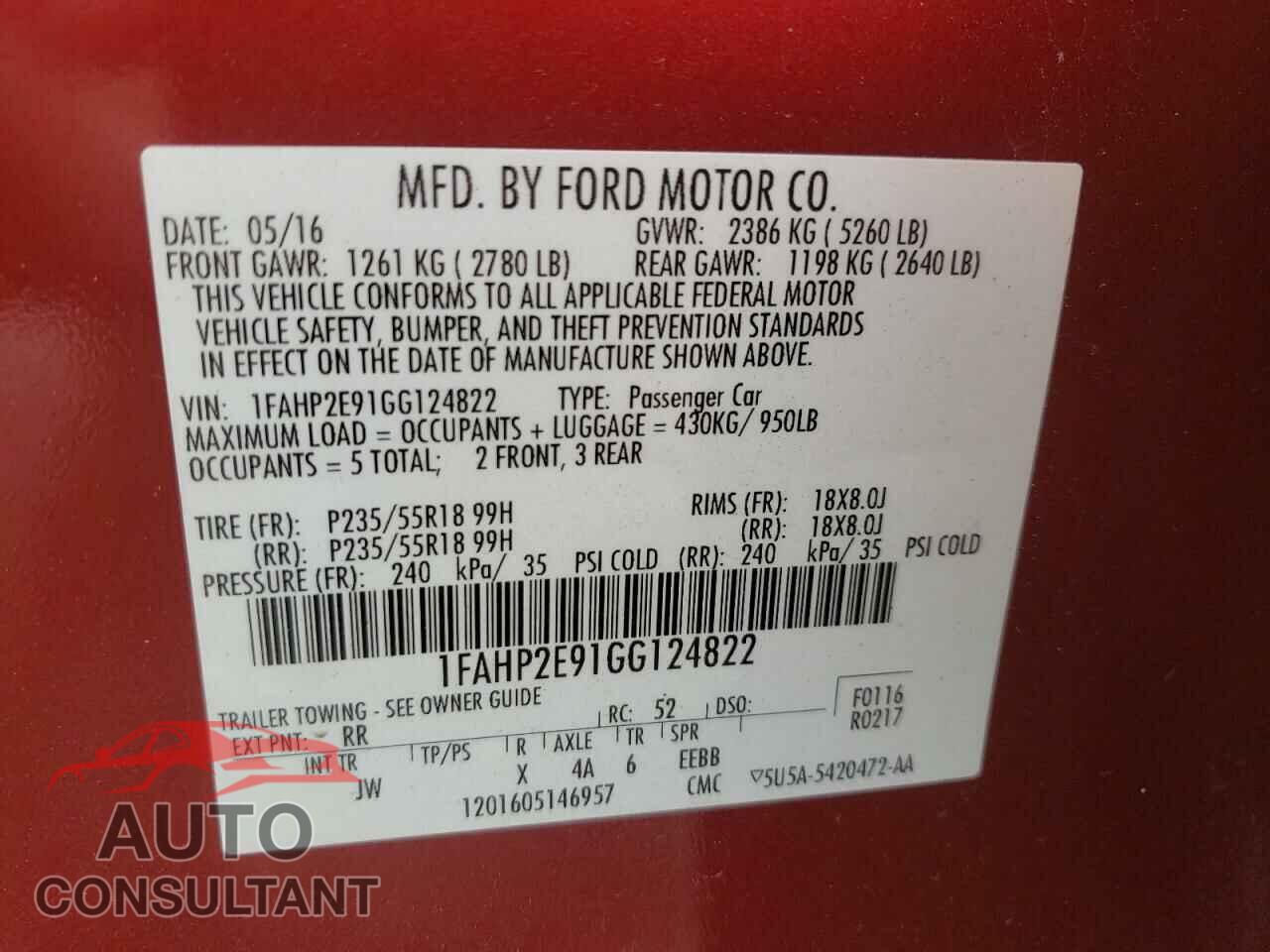 FORD TAURUS 2016 - 1FAHP2E91GG124822