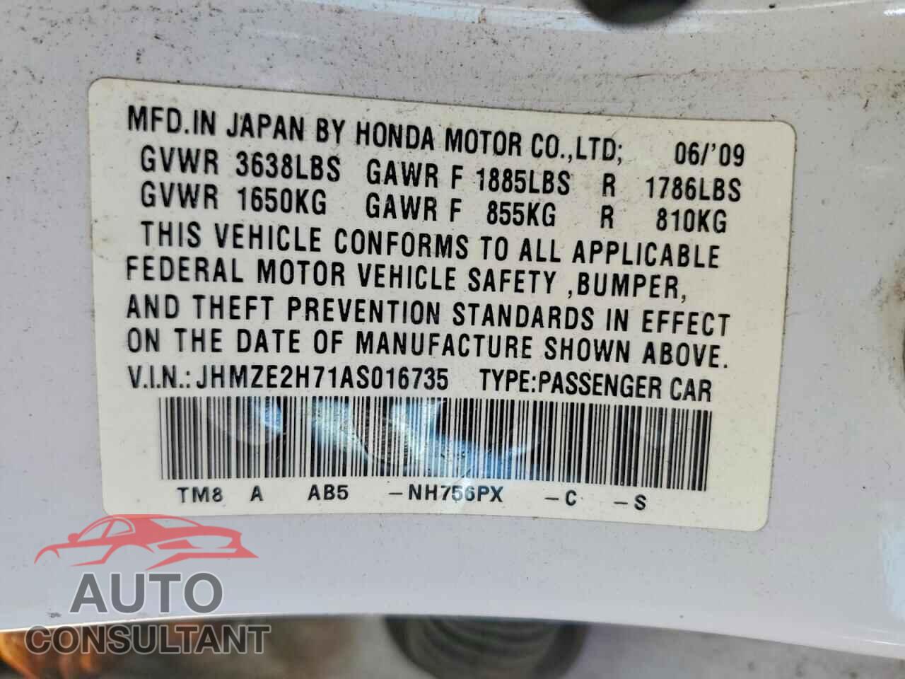 HONDA INSIGHT 2010 - JHMZE2H71AS016735