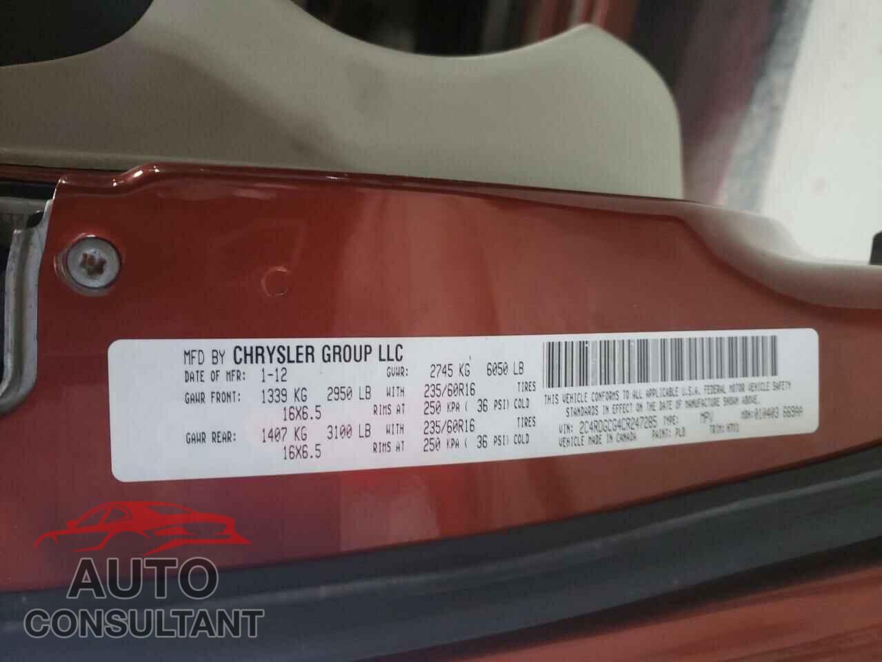 DODGE CARAVAN 2012 - 2C4RDGCG4CR247285