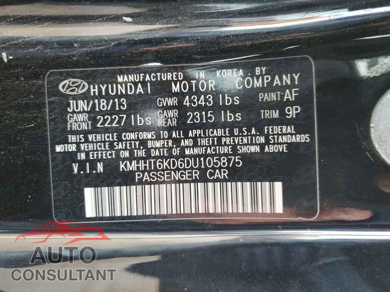 HYUNDAI GENESIS 2013 - KMHHT6KD6DU105875
