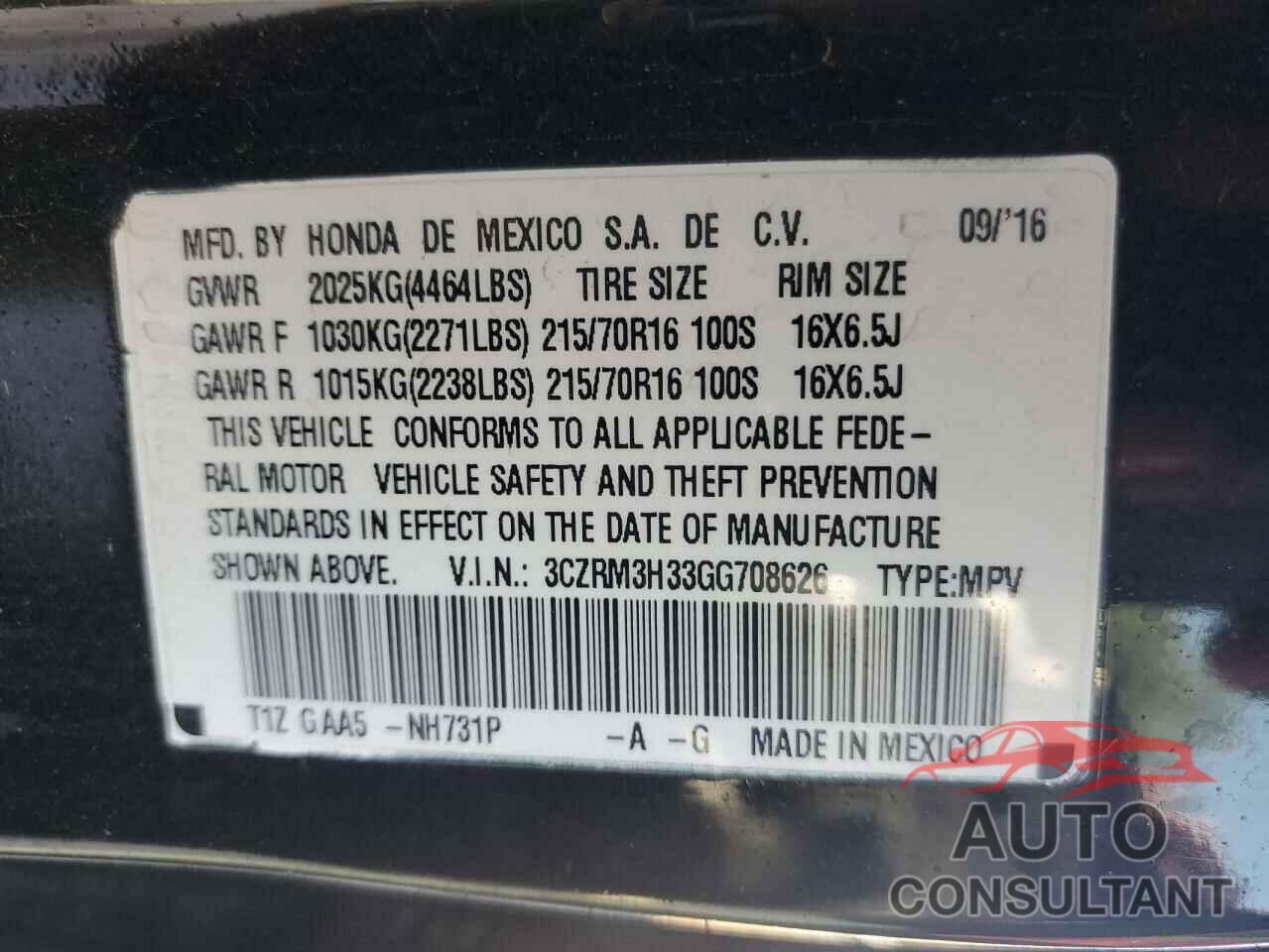 HONDA CRV 2016 - 3CZRM3H33GG708626