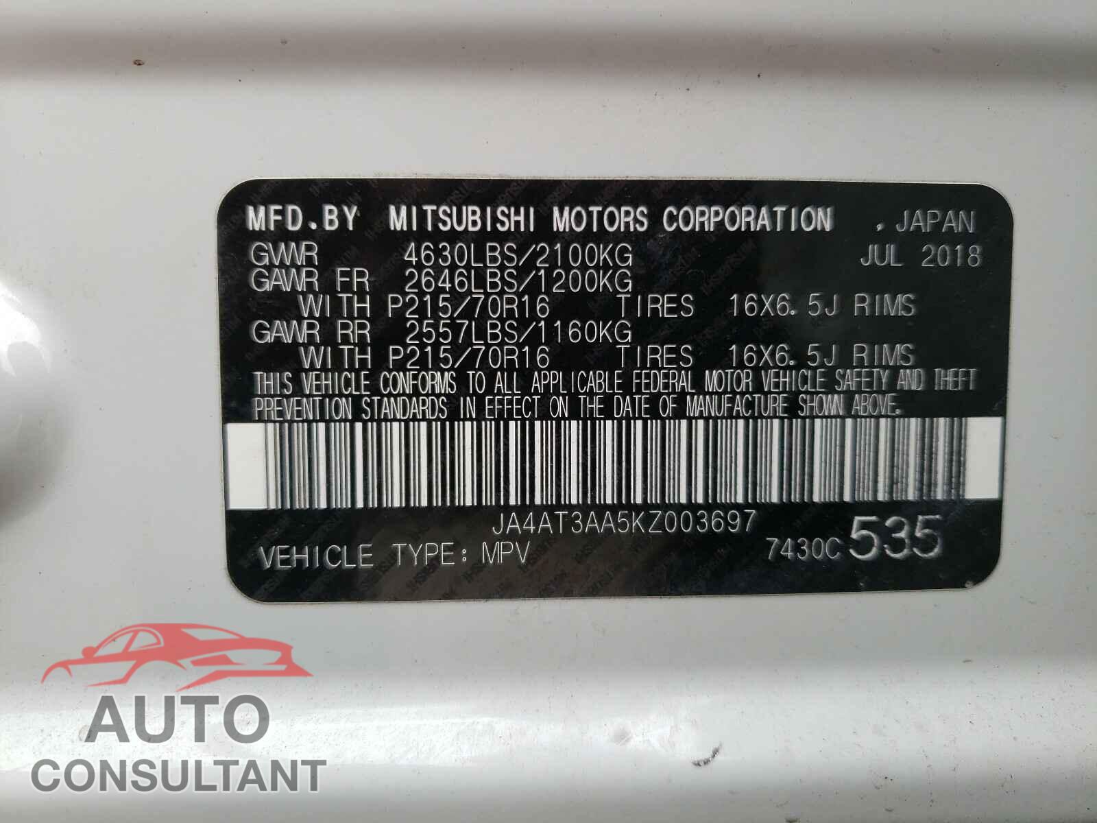 MITSUBISHI ECLIPSE 2019 - JA4AT3AA5KZ003697