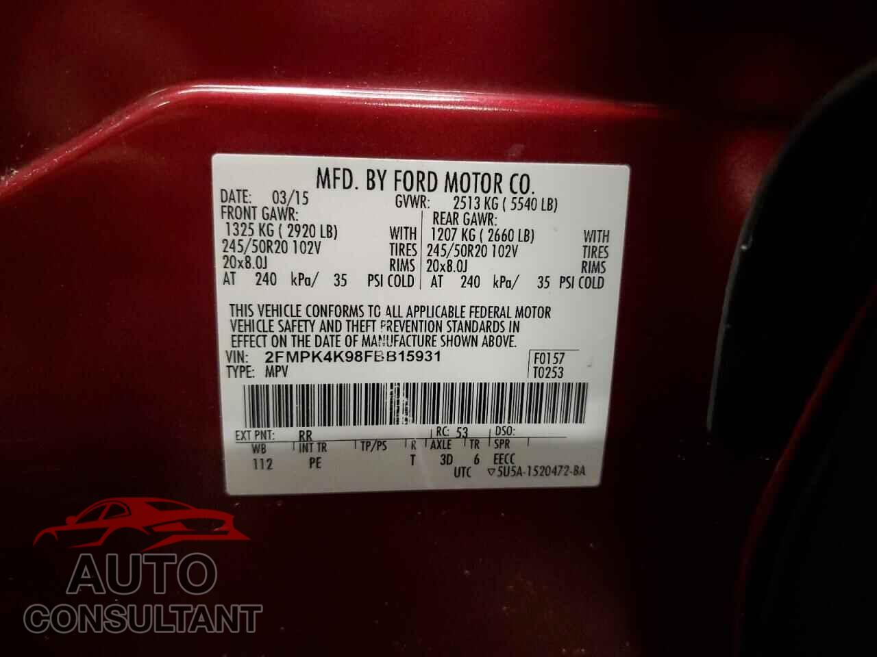 FORD EDGE 2015 - 2FMPK4K98FBB15931