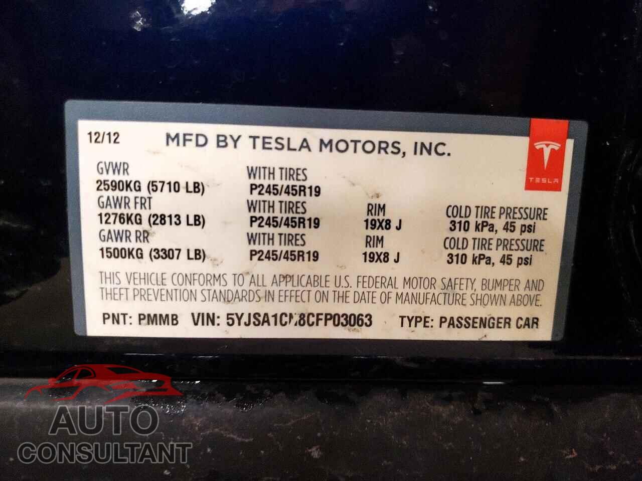 TESLA MODEL S 2012 - 5YJSA1CN8CFP03063