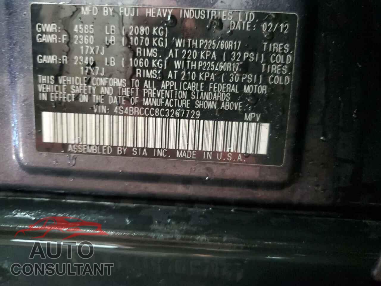 SUBARU OUTBACK 2012 - 4S4BRCCC8C3267729