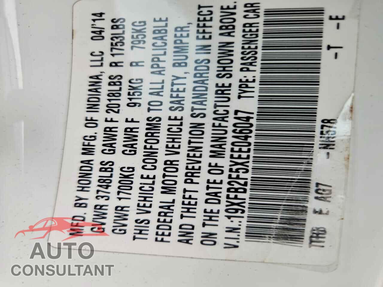 HONDA CIVIC 2014 - 19XFB2F5XEE046047