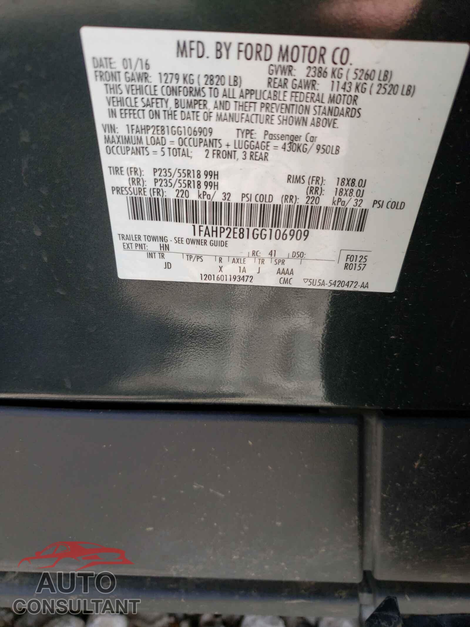 FORD TAURUS 2016 - 1FAHP2E81GG106909