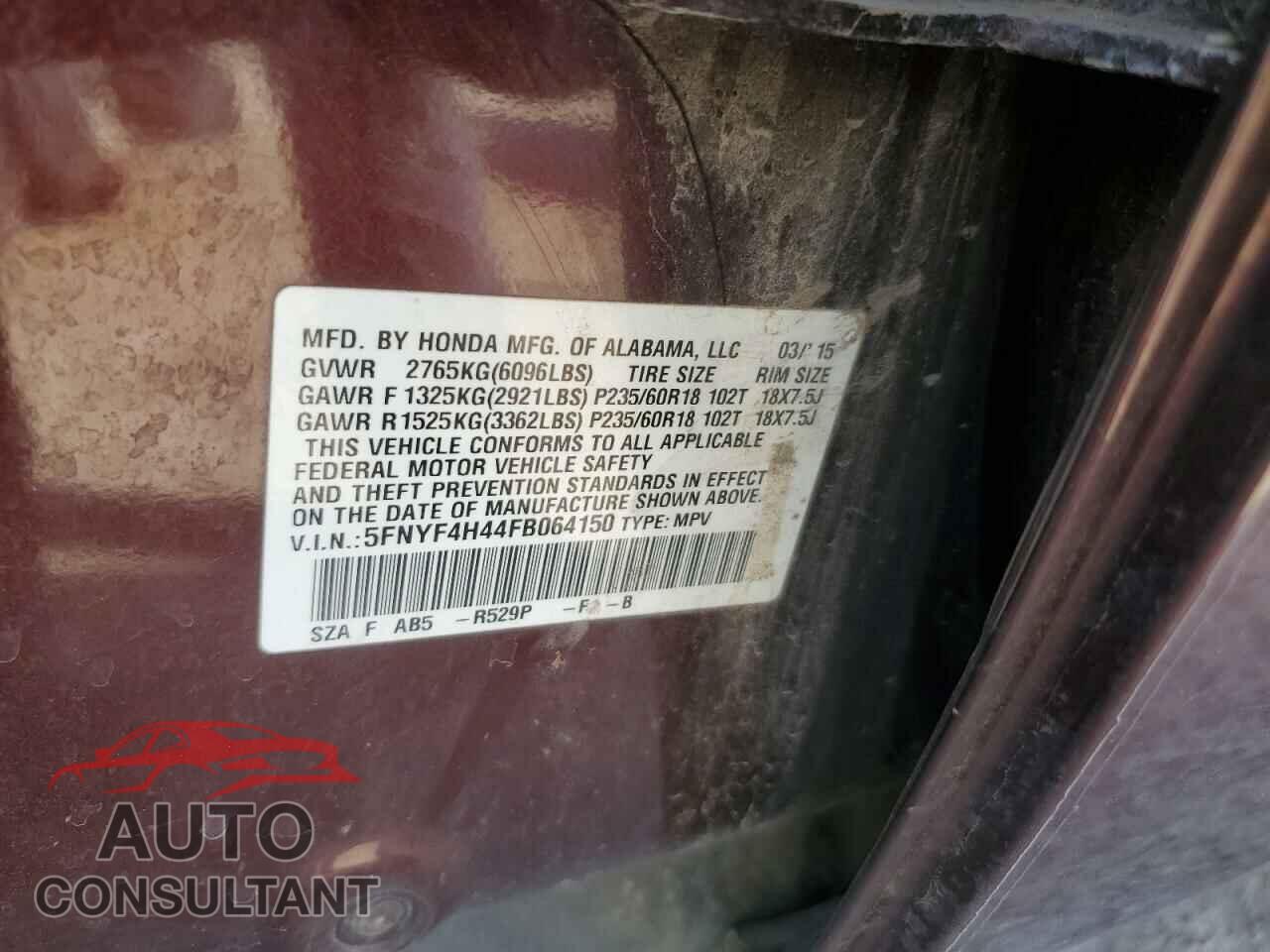 HONDA PILOT 2015 - 5FNYF4H44FB064150