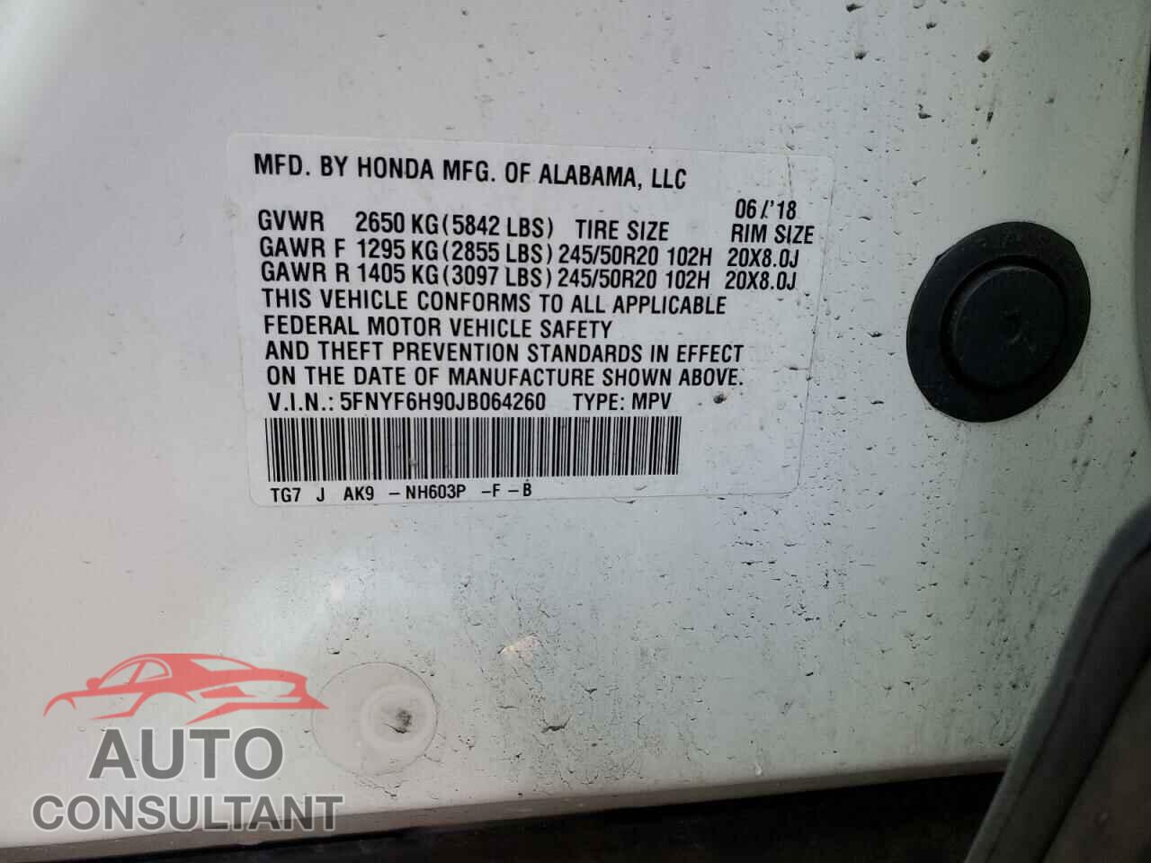 HONDA PILOT 2018 - 5FNYF6H90JB064260