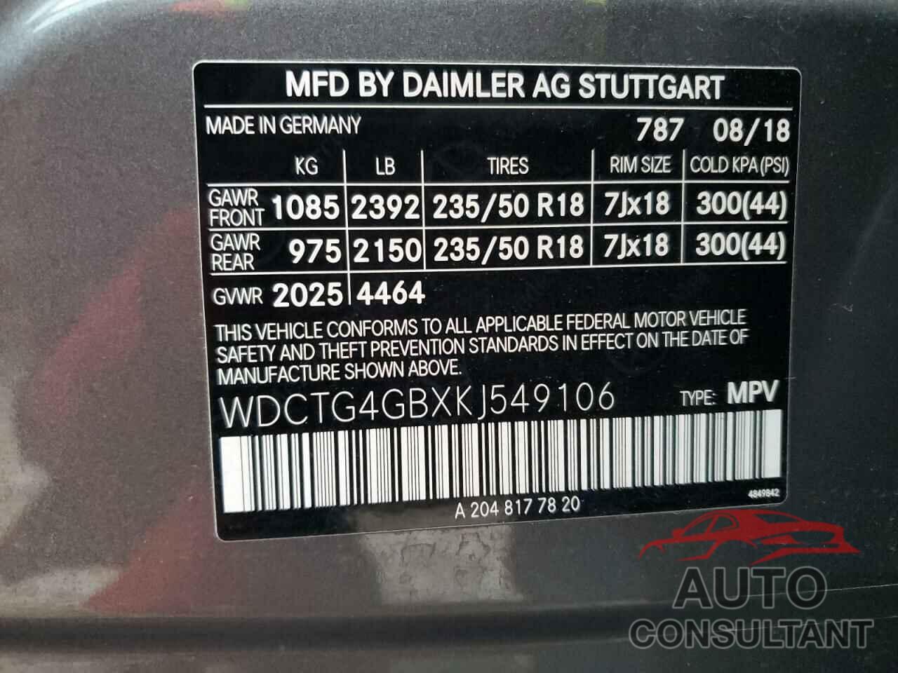 MERCEDES-BENZ GLA-CLASS 2019 - WDCTG4GBXKJ549106