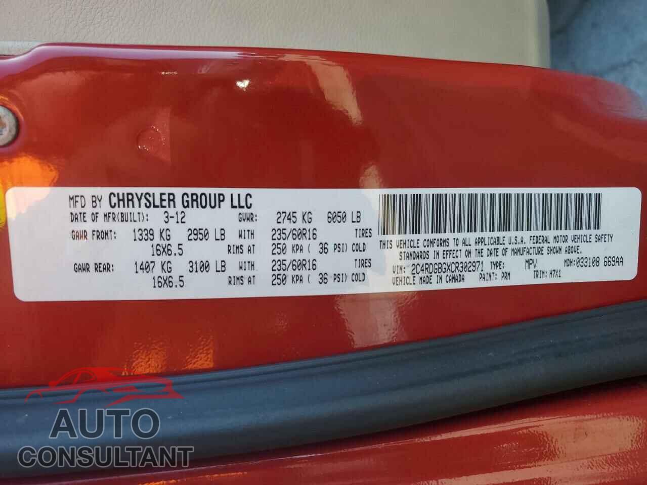 DODGE CARAVAN 2012 - 2C4RDGBGXCR302971