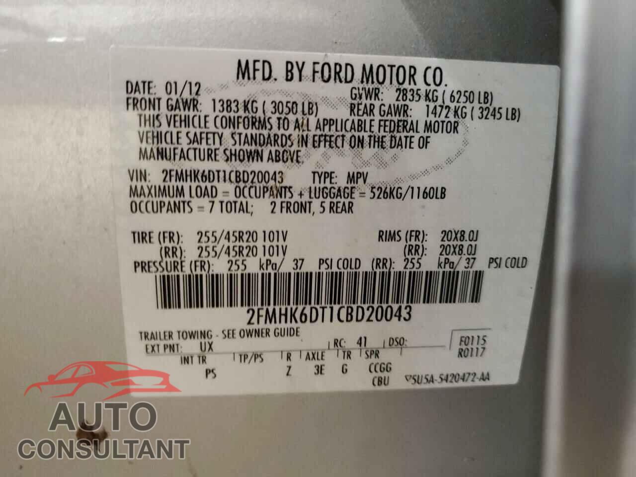 FORD FLEX 2012 - 2FMHK6DT1CBD20043