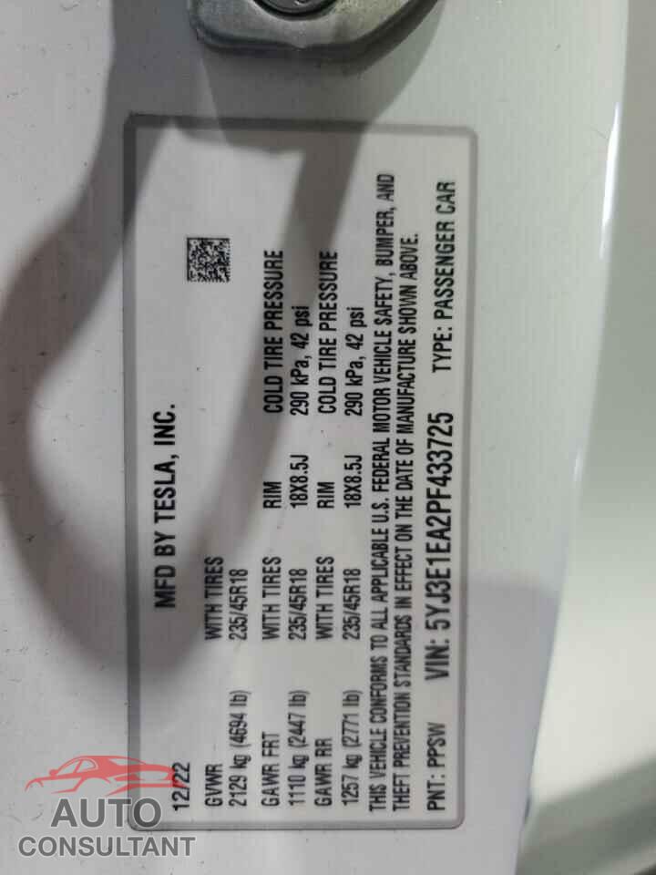 TESLA MODEL 3 2023 - 5YJ3E1EA2PF433725
