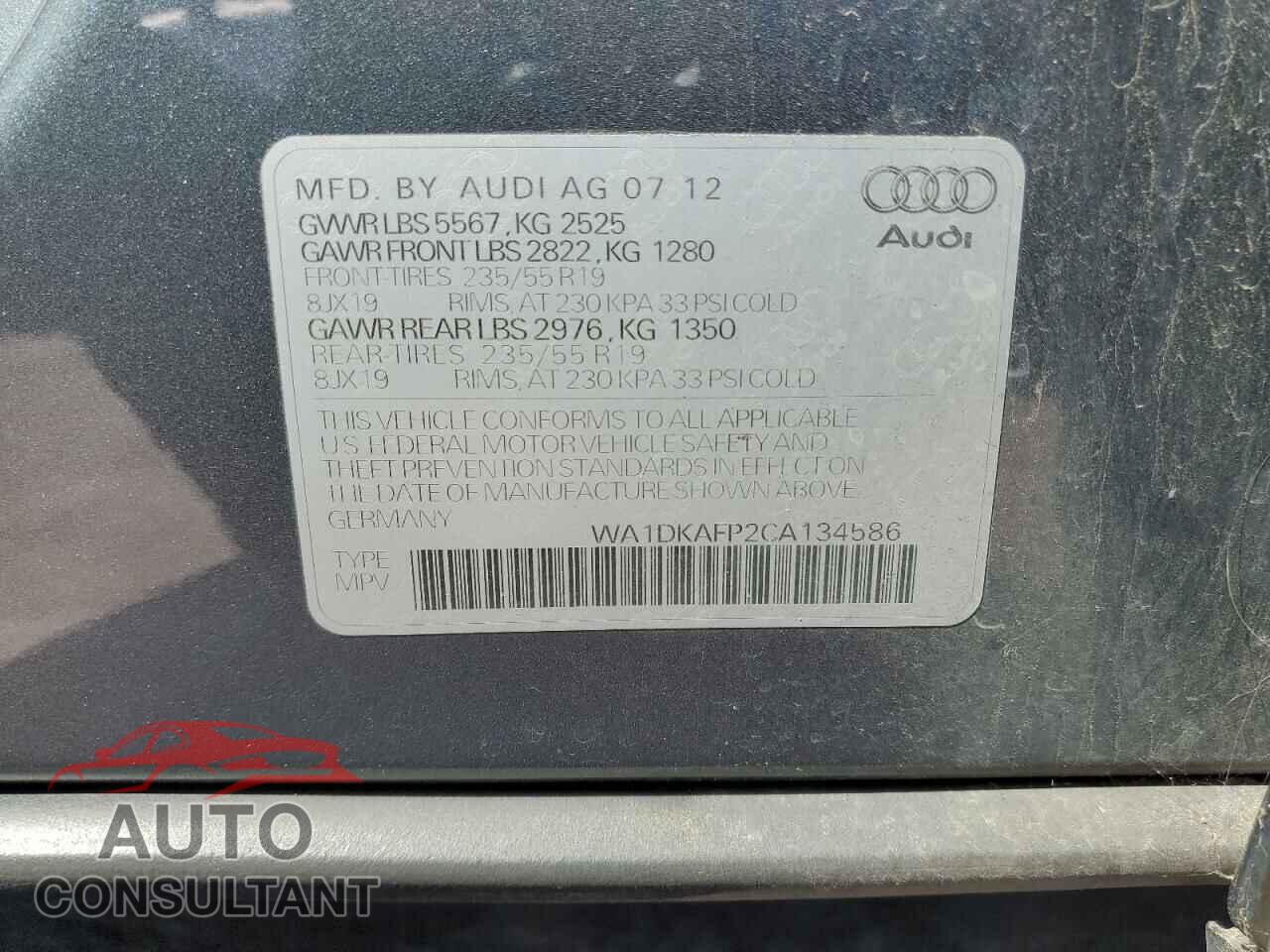 AUDI Q5 2012 - WA1DKAFP2CA134586