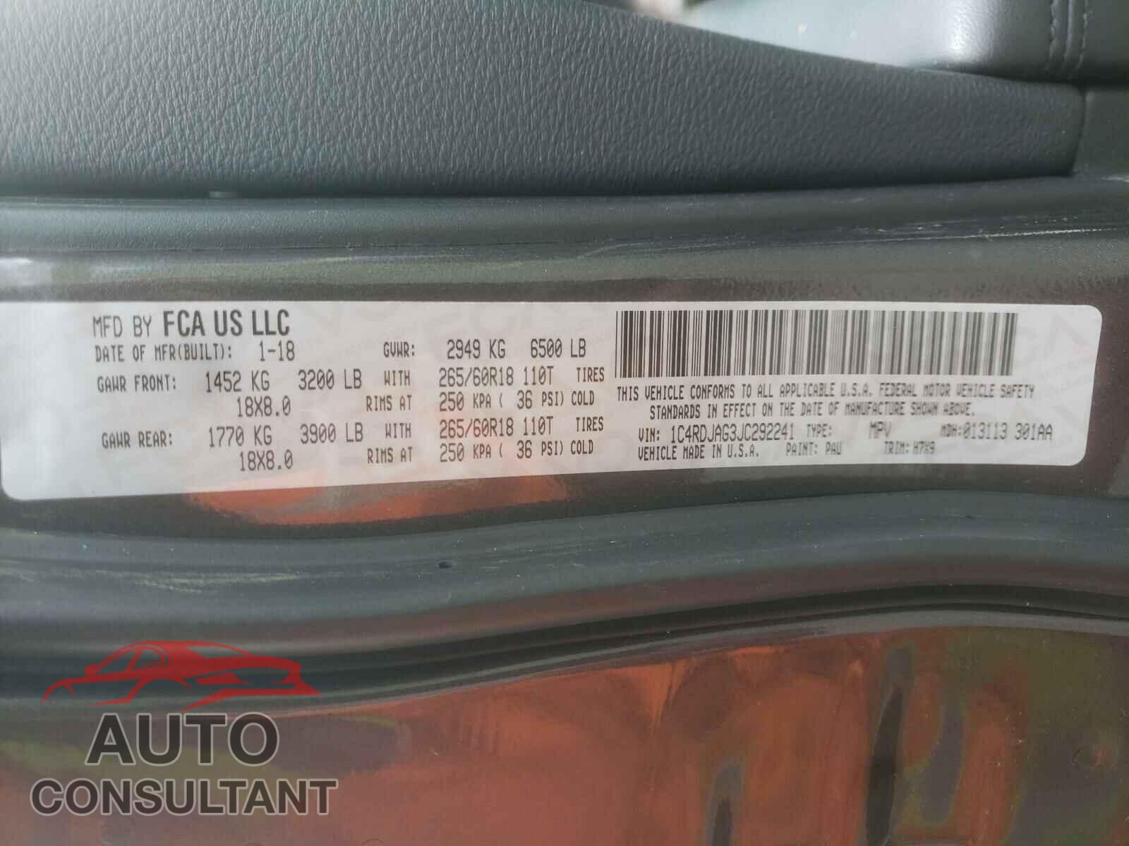 DODGE DURANGO 2018 - 1C4RDJAG3JC292241