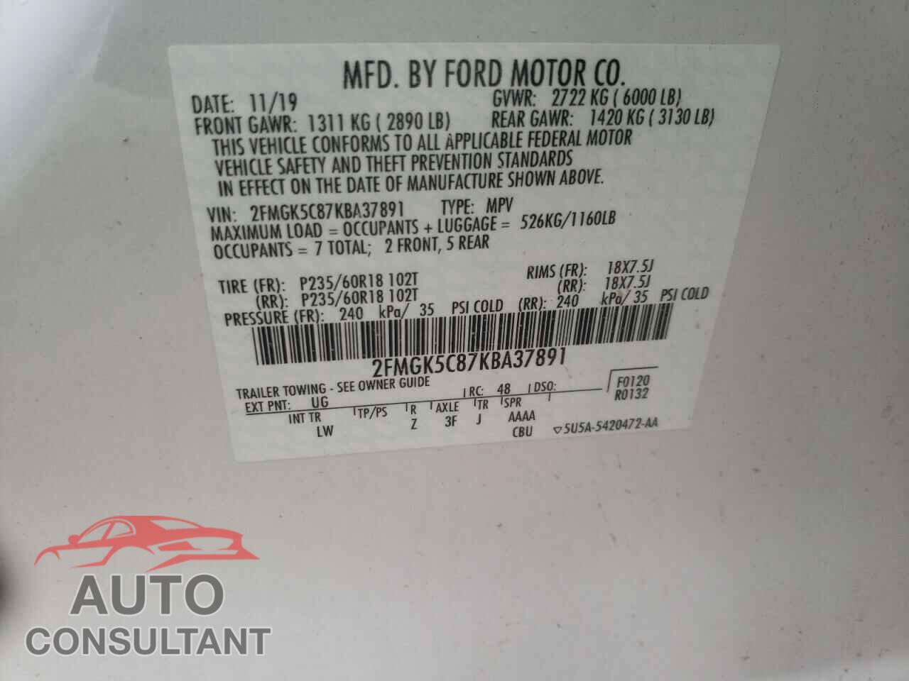 FORD FLEX 2019 - 2FMGK5C87KBA37891