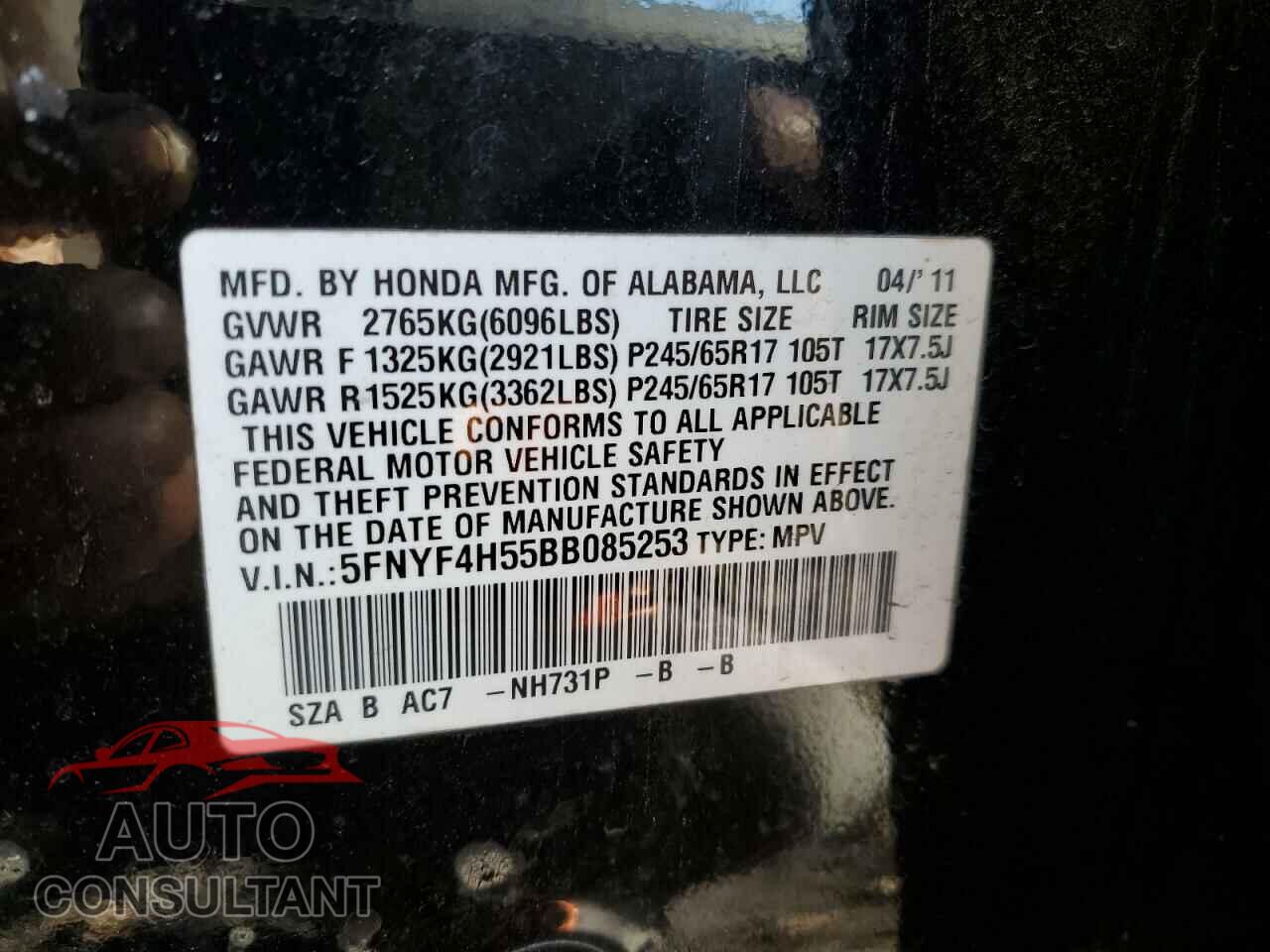 HONDA PILOT 2011 - 5FNYF4H55BB085253