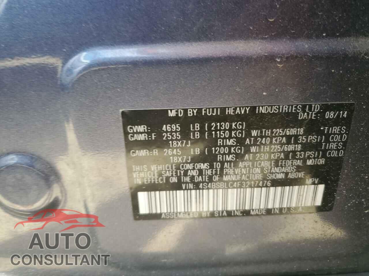 SUBARU OUTBACK 2015 - 4S4BSBLC4F3217476