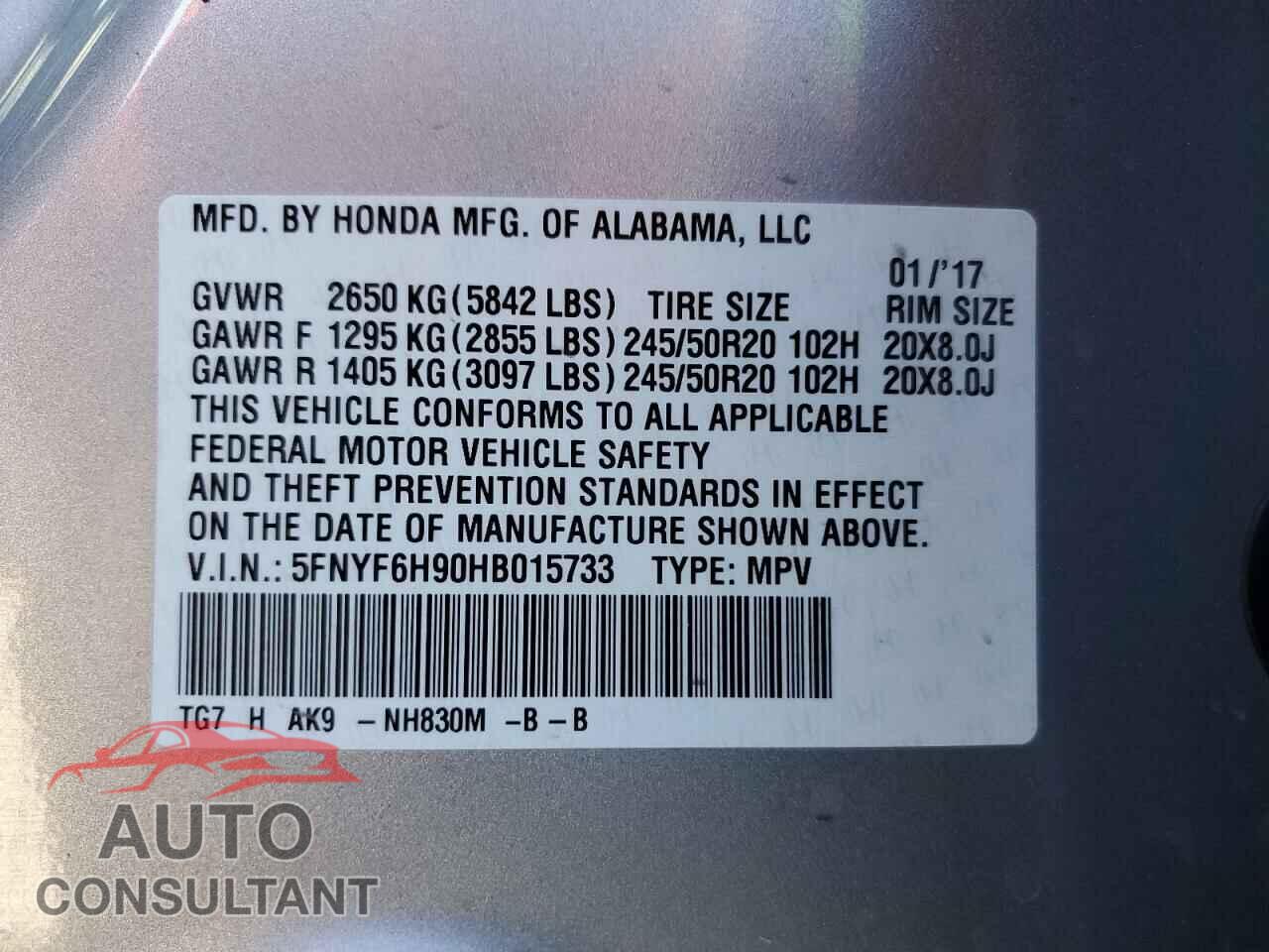 HONDA PILOT 2017 - 5FNYF6H90HB015733