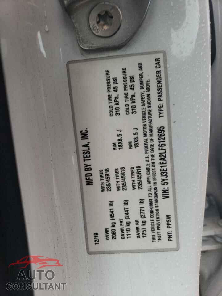 TESLA MODEL 3 2020 - 5YJ3E1EA2LF612695