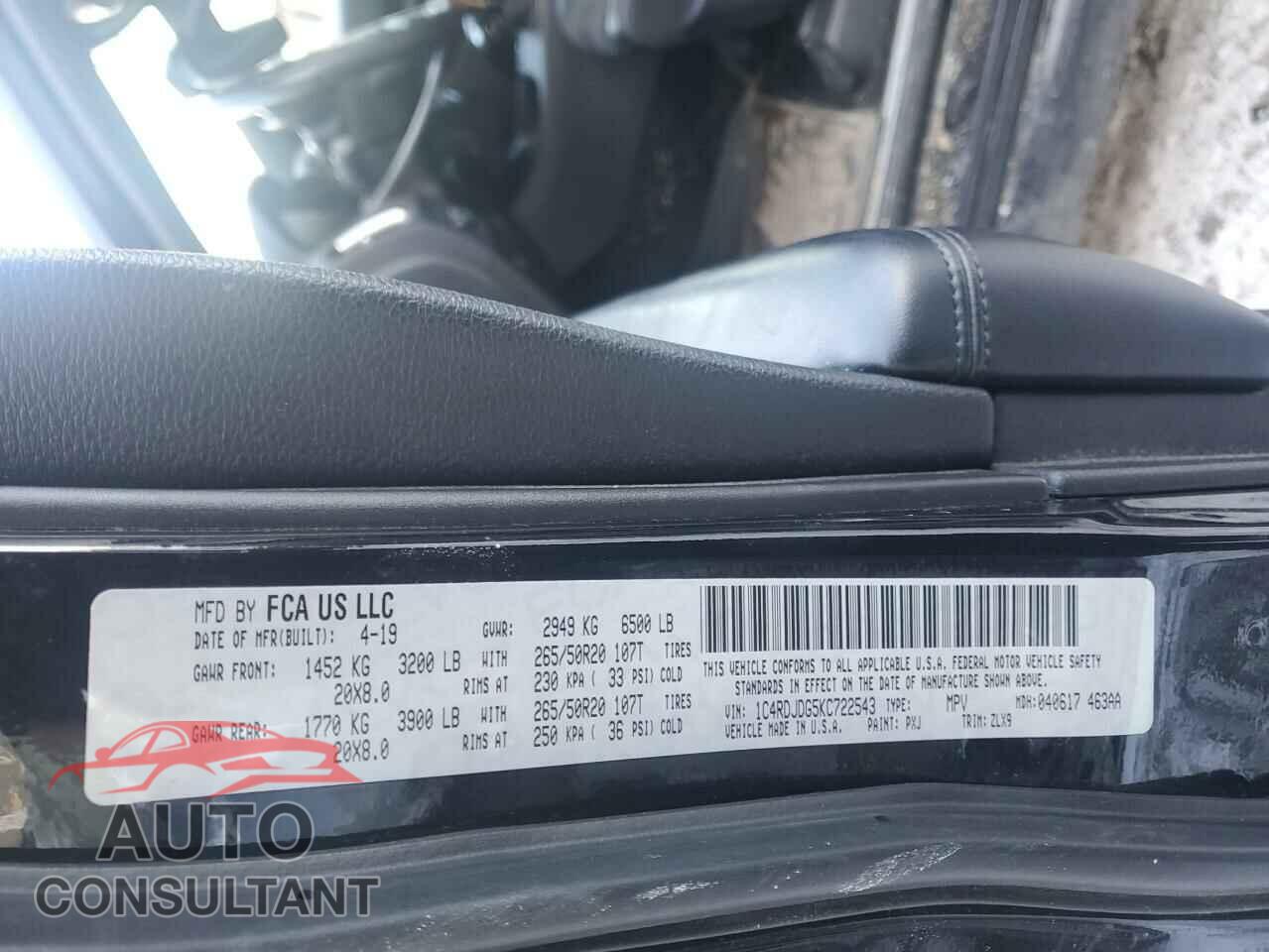 DODGE DURANGO 2019 - 1C4RDJDG5KC722543