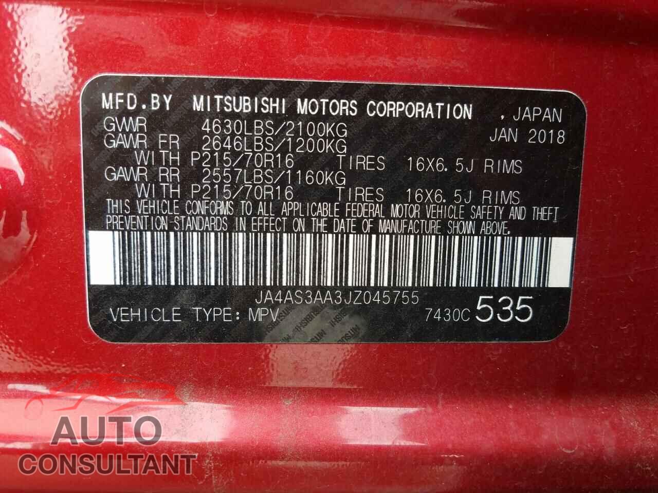 MITSUBISHI ECLIPSE 2018 - JA4AS3AA3JZ045755