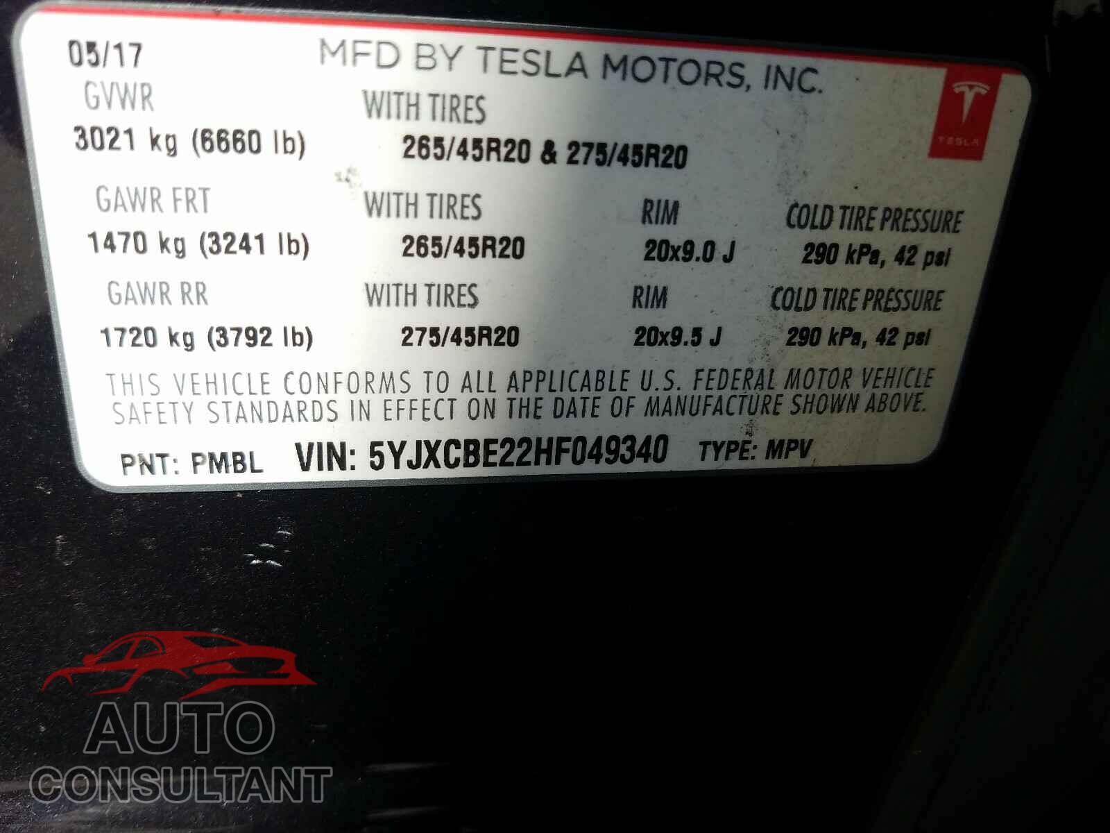 TESLA MODEL X 2017 - 5YJXCBE22HF049340
