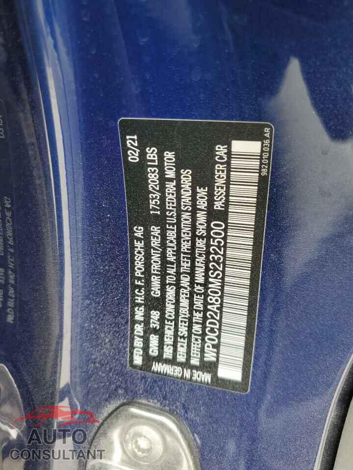 PORSCHE BOXSTER 2021 - WP0CD2A80MS232500