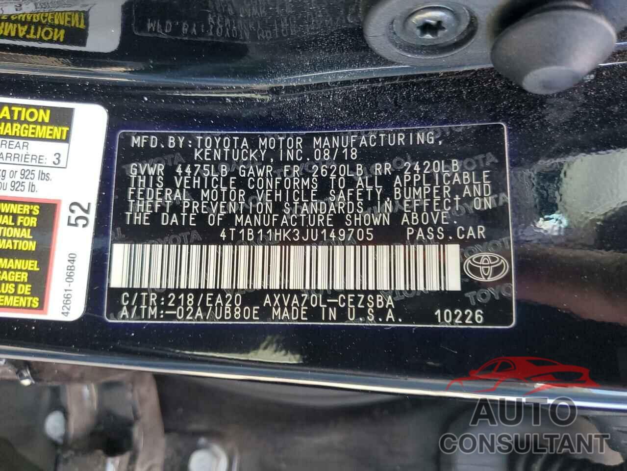 TOYOTA CAMRY 2018 - 4T1B11HK3JU149705