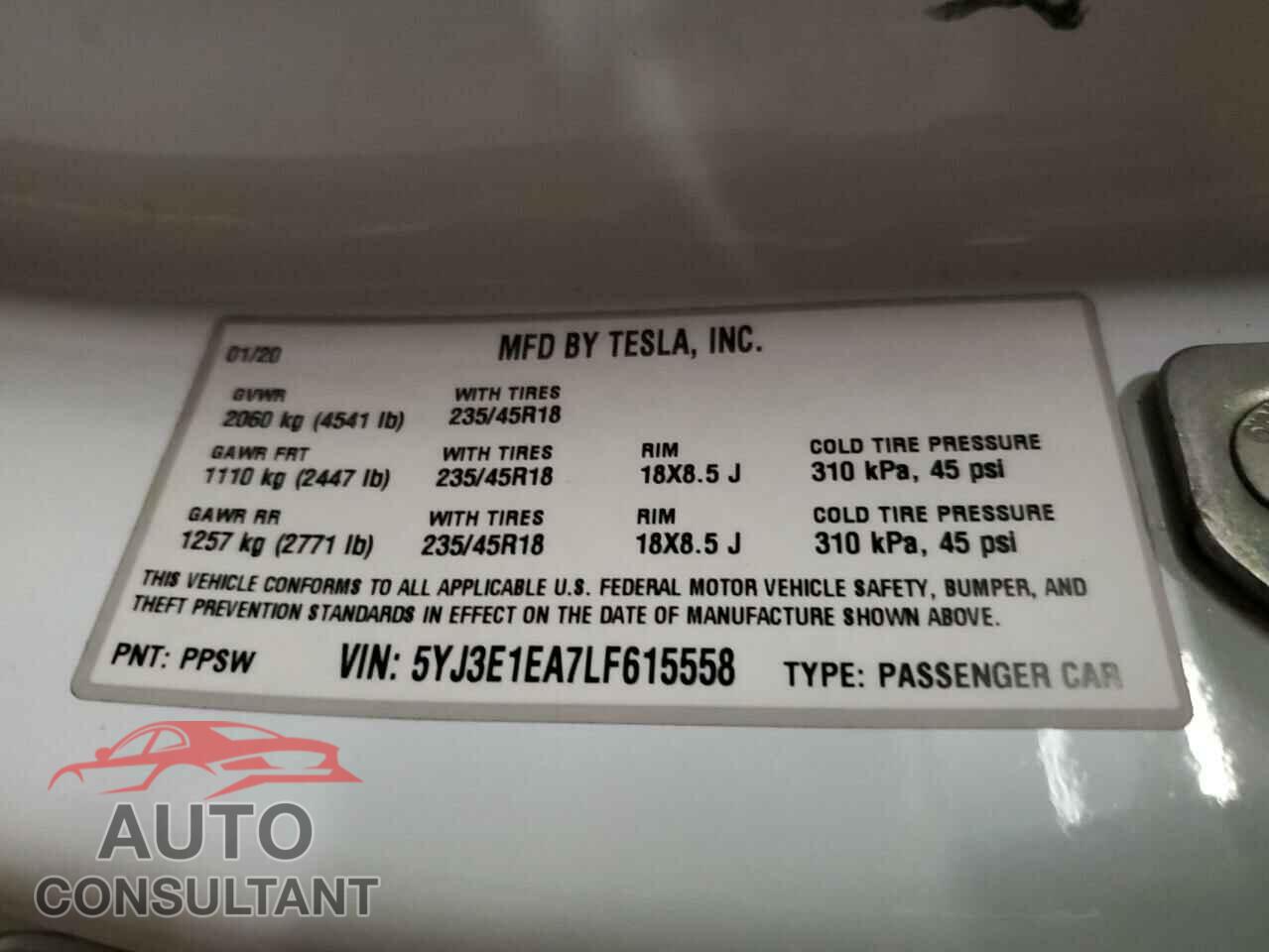 TESLA MODEL 3 2020 - 5YJ3E1EA7LF615558