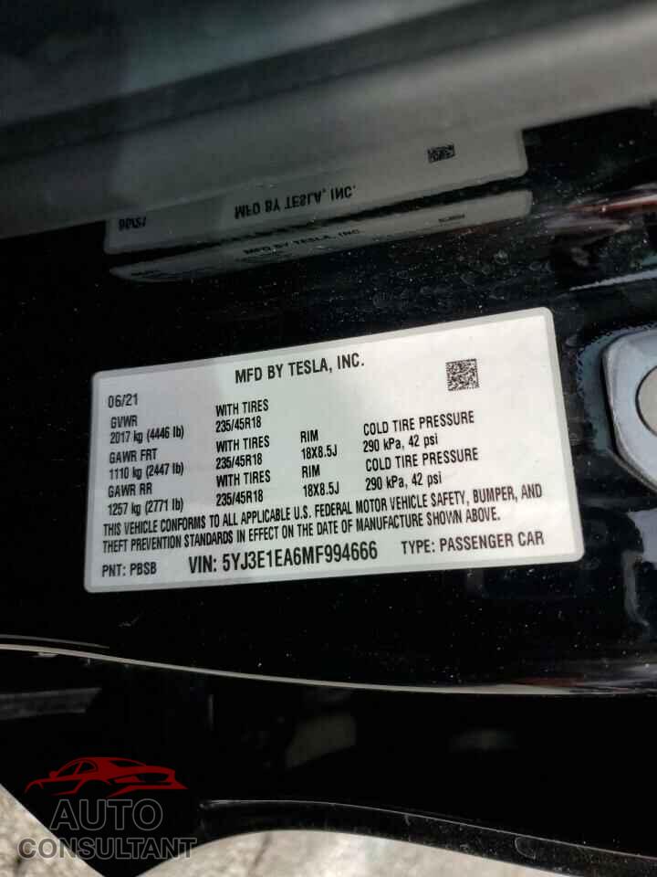 TESLA MODEL 3 2021 - 5YJ3E1EA6MF994666