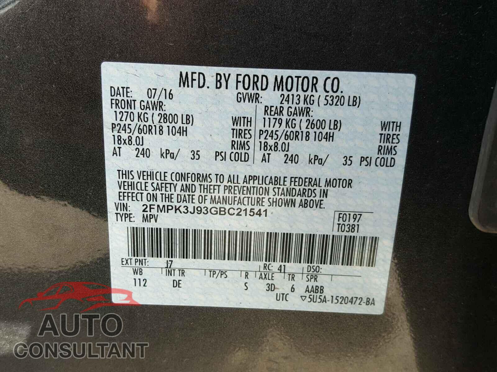 FORD EDGE SEL 2016 - 2FMPK3J93GBC21541