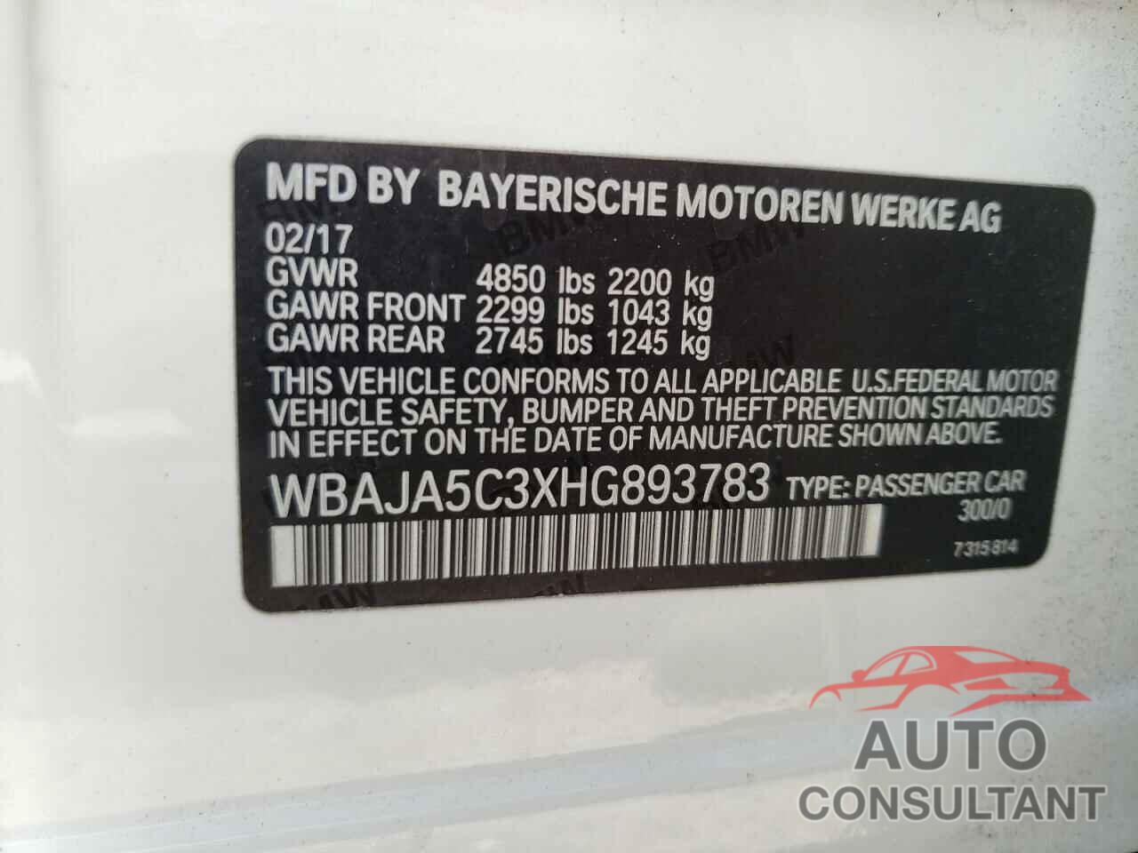 BMW 5 SERIES 2017 - WBAJA5C3XHG893783